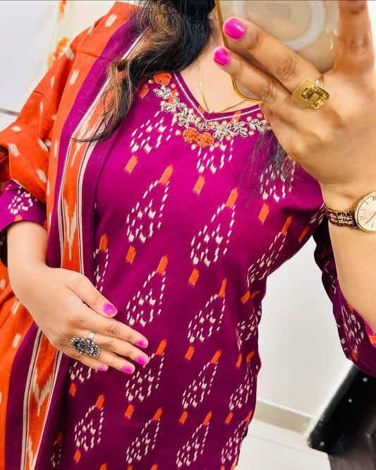 Women Beautiful Cotton Kurta and Pant With Dupatta
