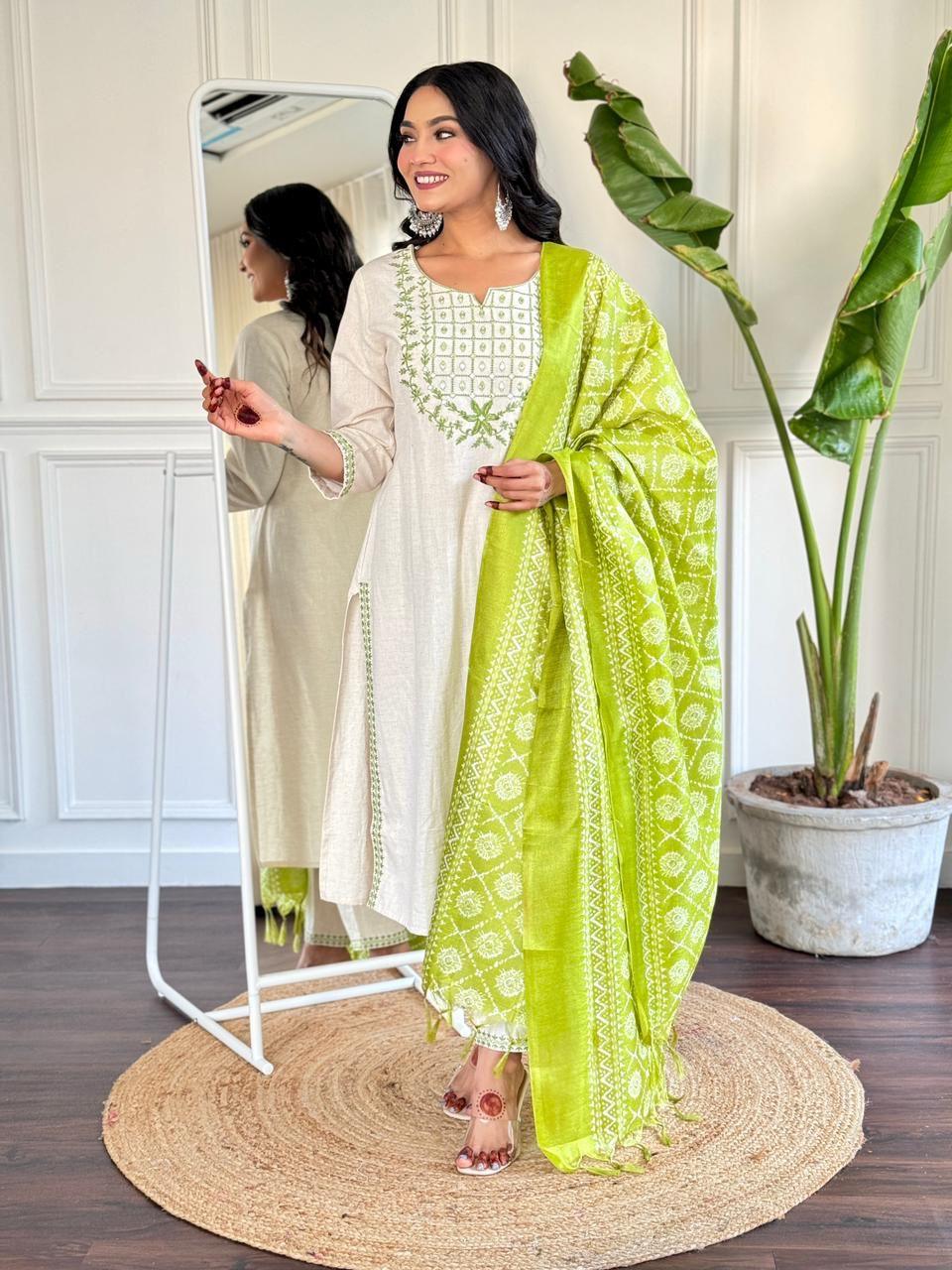 lavena white with green dupatta cotton suit