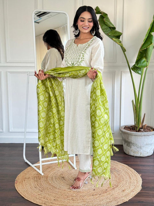 lavena white with green dupatta cotton suit