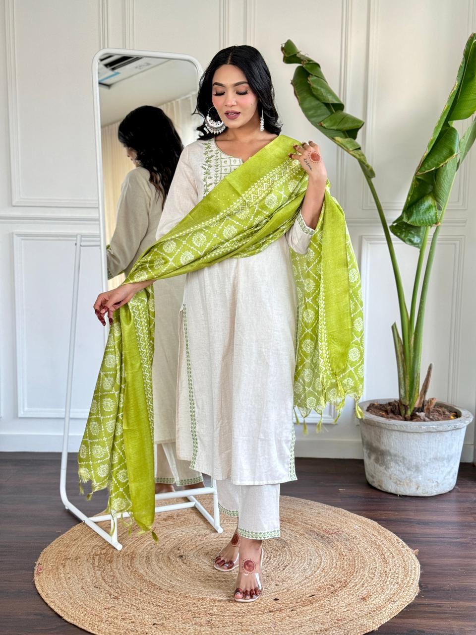 lavena white with green dupatta cotton suit