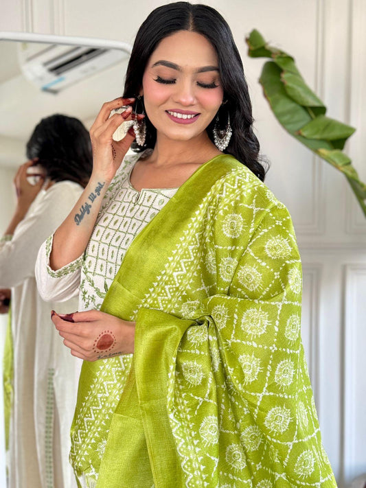 lavena white with green dupatta cotton suit