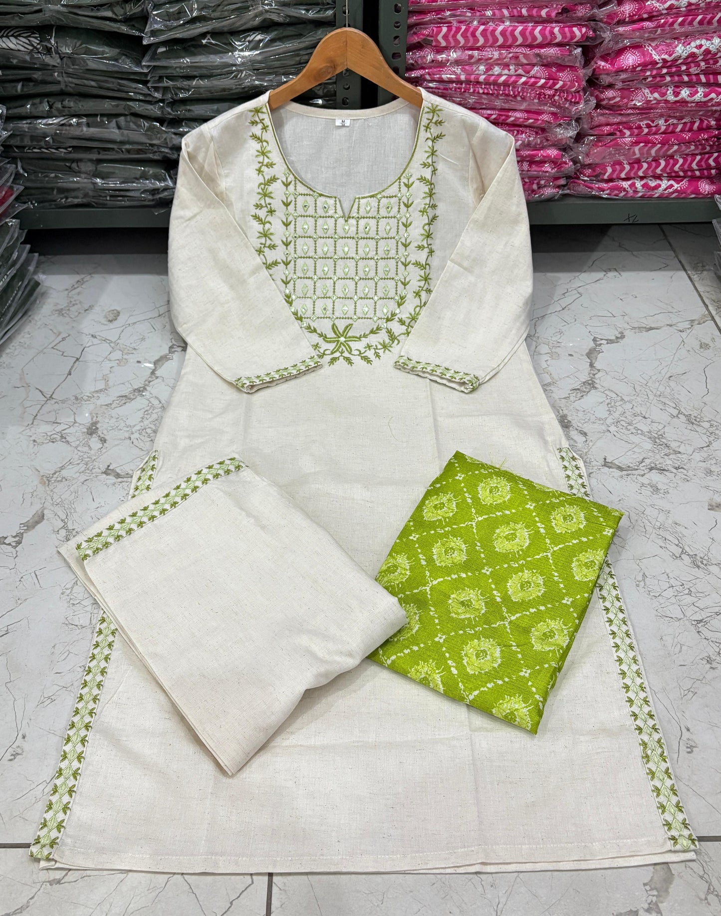 lavena white with green dupatta cotton suit