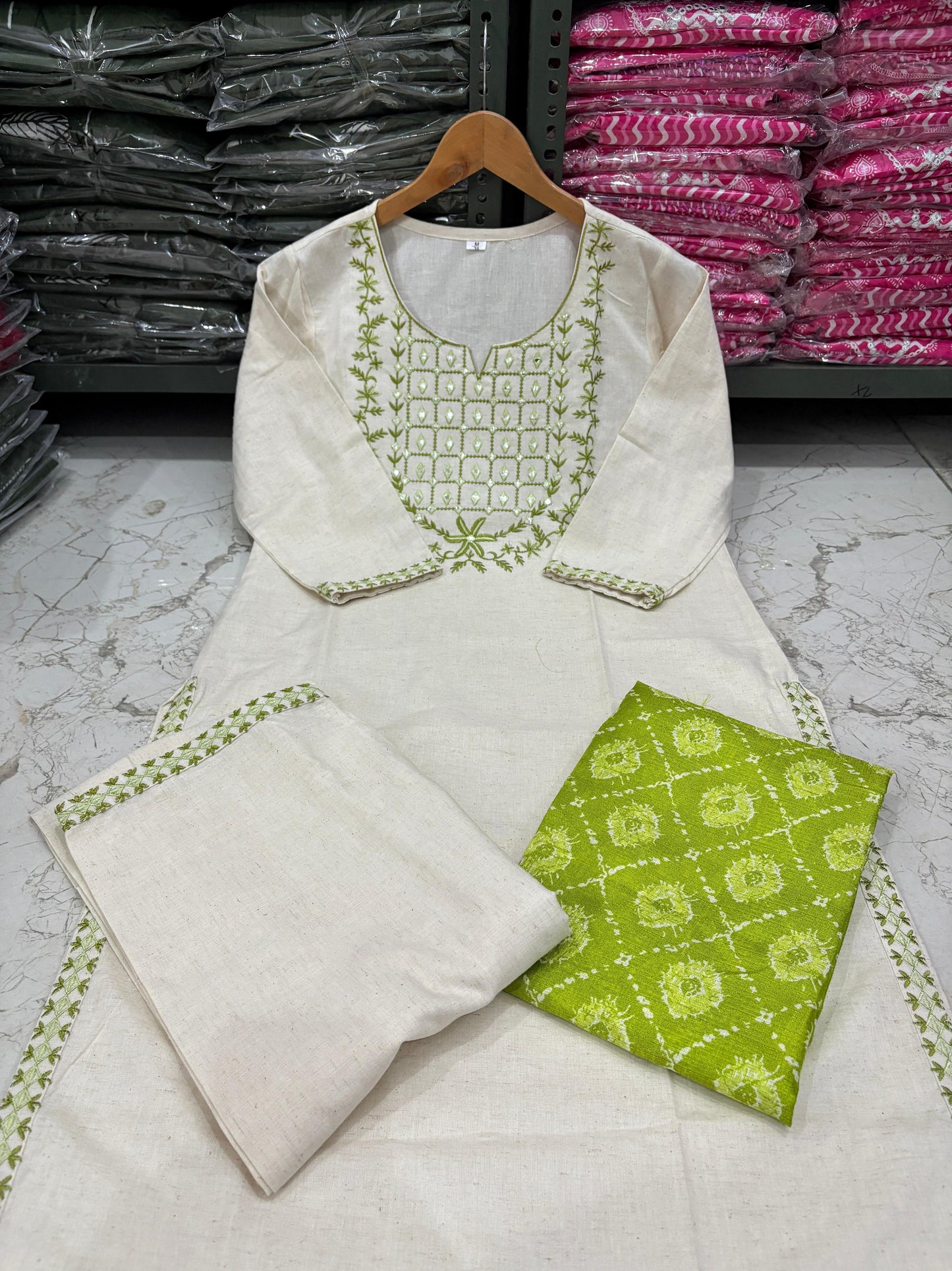 lavena white with green dupatta cotton suit